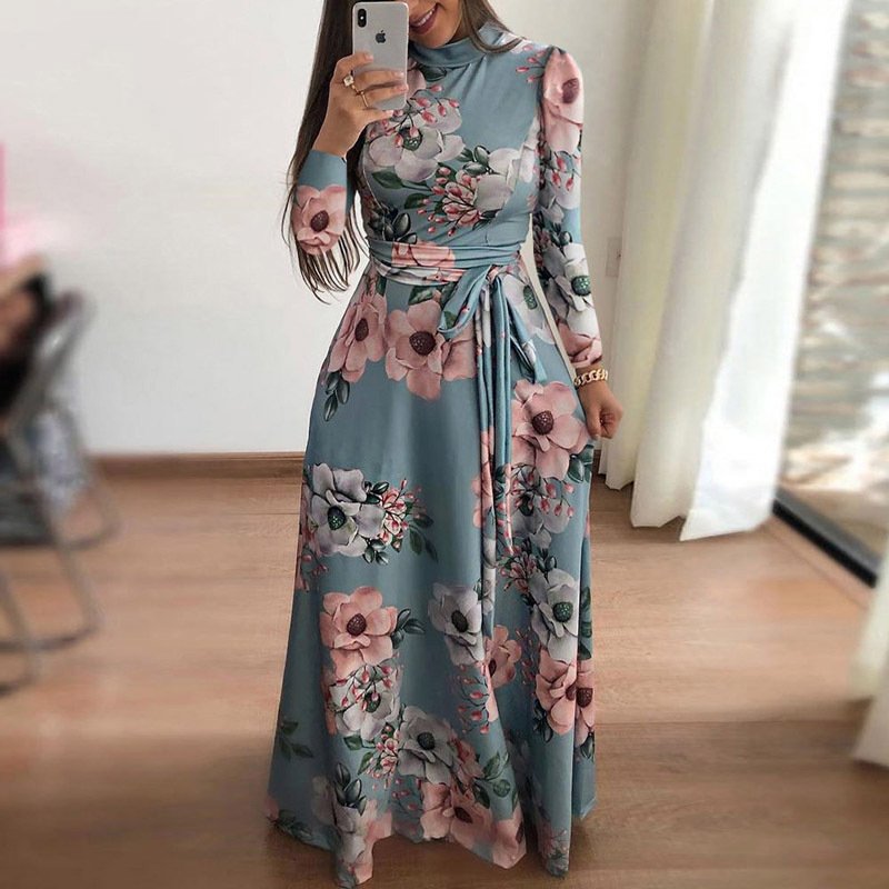Plus Size Autumn And Winter Women's New Style 2021 Dress Print Street Long-sleeved High-neck Tie Long Casual