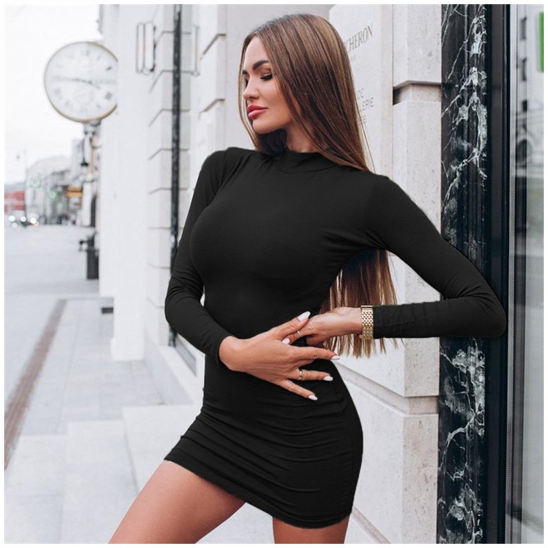 Autumn Sexy Solid Color Turtleneck Skinny Mini Dress Women Fall Keep Warm Long Sleeve Slim Dress