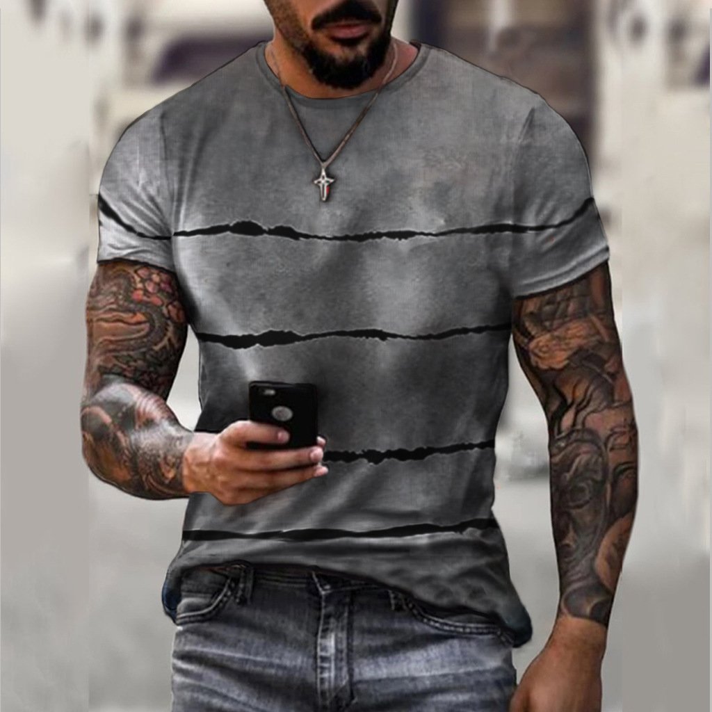Retro classic European and American style short-sleeved street trend men's casual solid color printing T-shirt round neck top