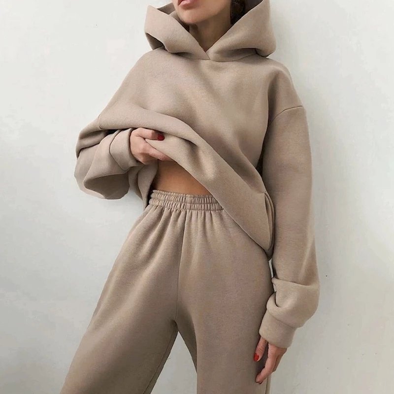 Women Fleece Two Piece Sets Elegant Solid Color Oversized Warm Hoodies and Long Pant Sports Suit Autumn Winter Tracksuit 2021